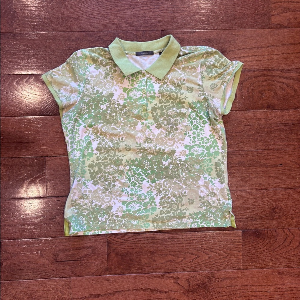 Liz Claiborne Green Floral Polo Shirt